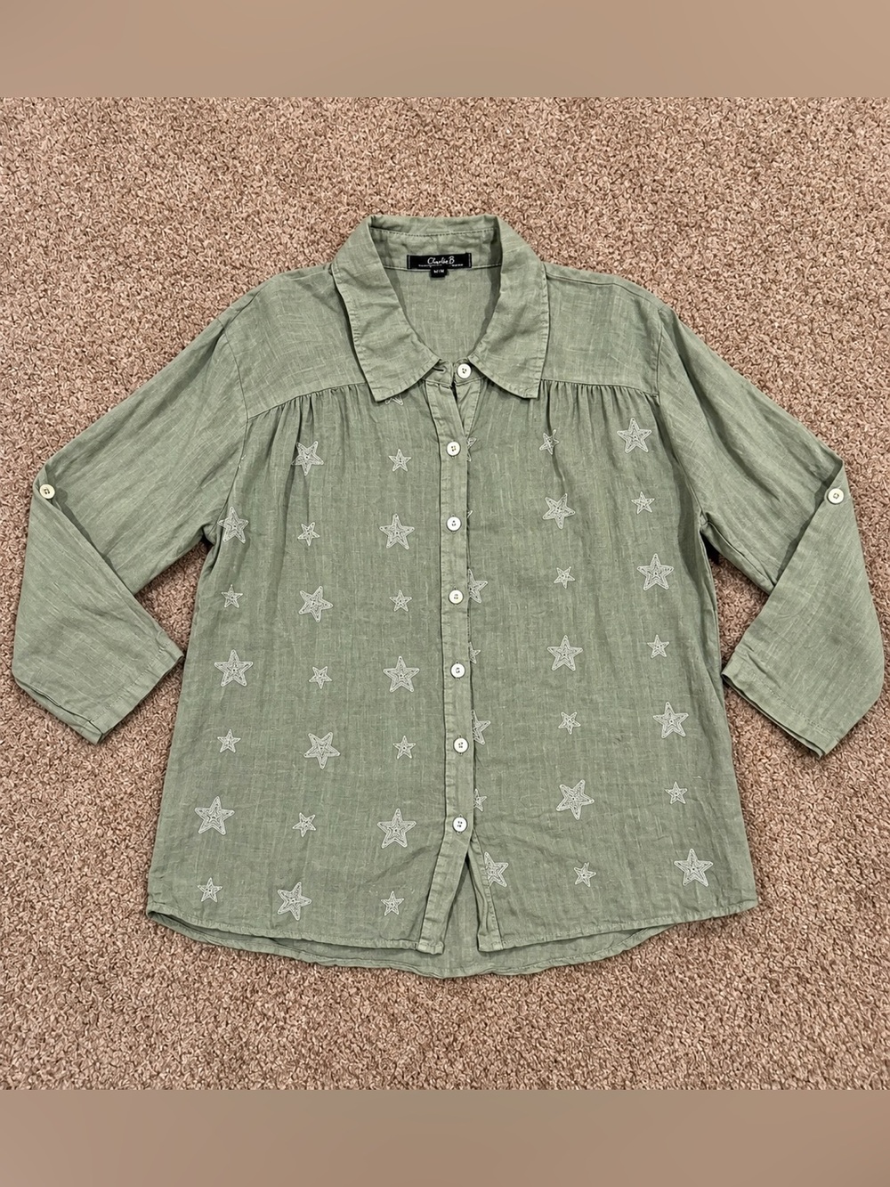 Charlie B M Sage Green 100% Linen Star Embroidered Button Down Shirt